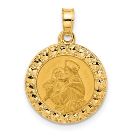 14K Polished and Satin Hollow St Anthony Medal Round Pendant