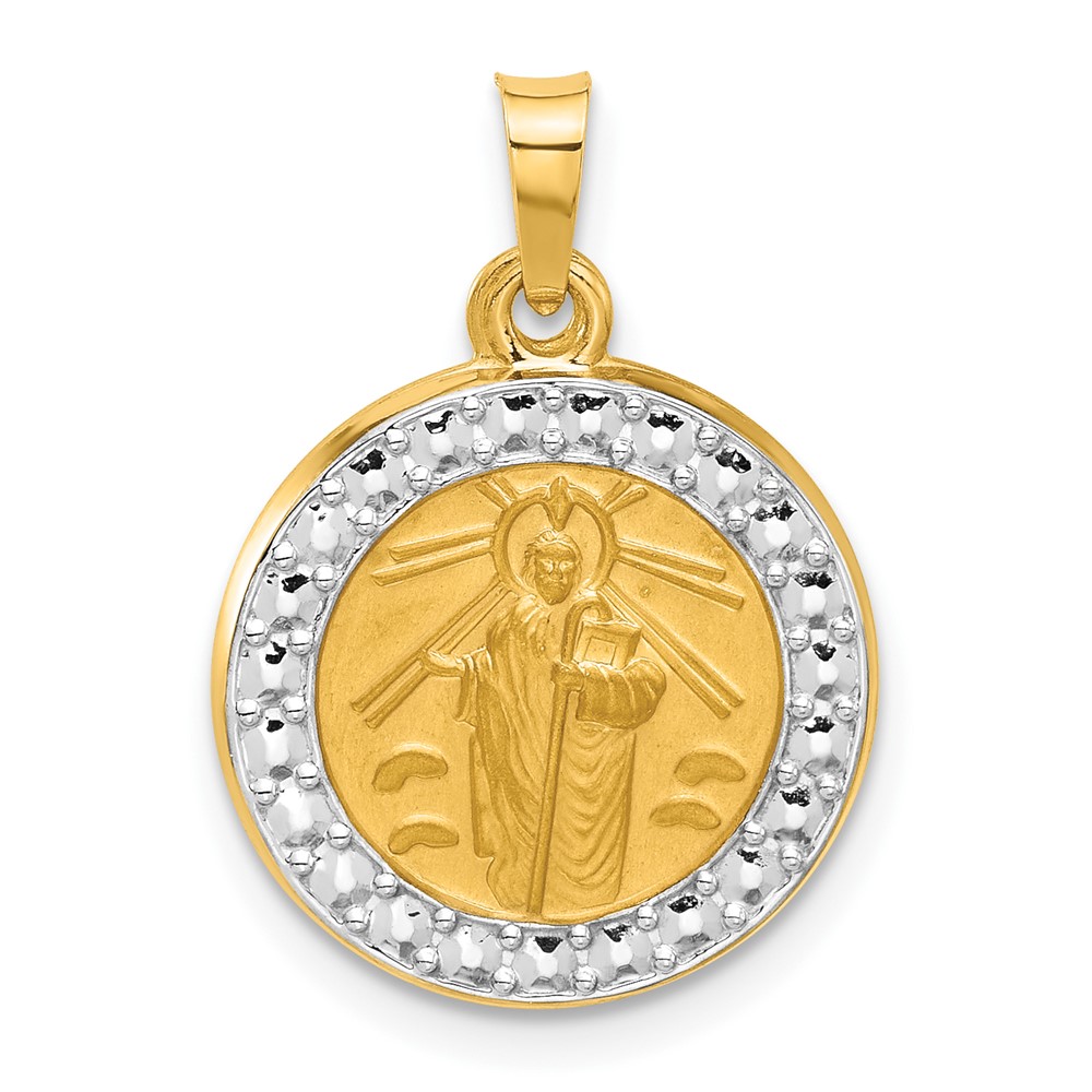 XR2147.jpg 14K with White Rhodium Polished and Satin Hollow St. Jude Thaddeus Medal Round Charm - Image 1