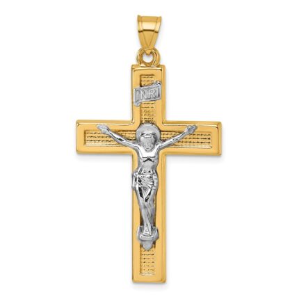 14k with White Rhodium Polished INRI Crucifix Cross Pendant
