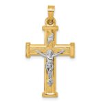 14k with White Rhodium Polished and Textured INRI Crucifix Cross Pendant