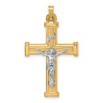 14k with White Rhodium Polished and Textured INRI Crucifix Cross Pendant