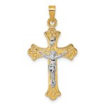 14k with White Rhodium Polished Fleur de Lis INRI Crucifix Cross Pendant