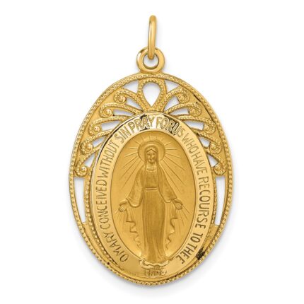 14k Polished and Satin Semi-solid Miraculous Medal in Frame Oval Pendant