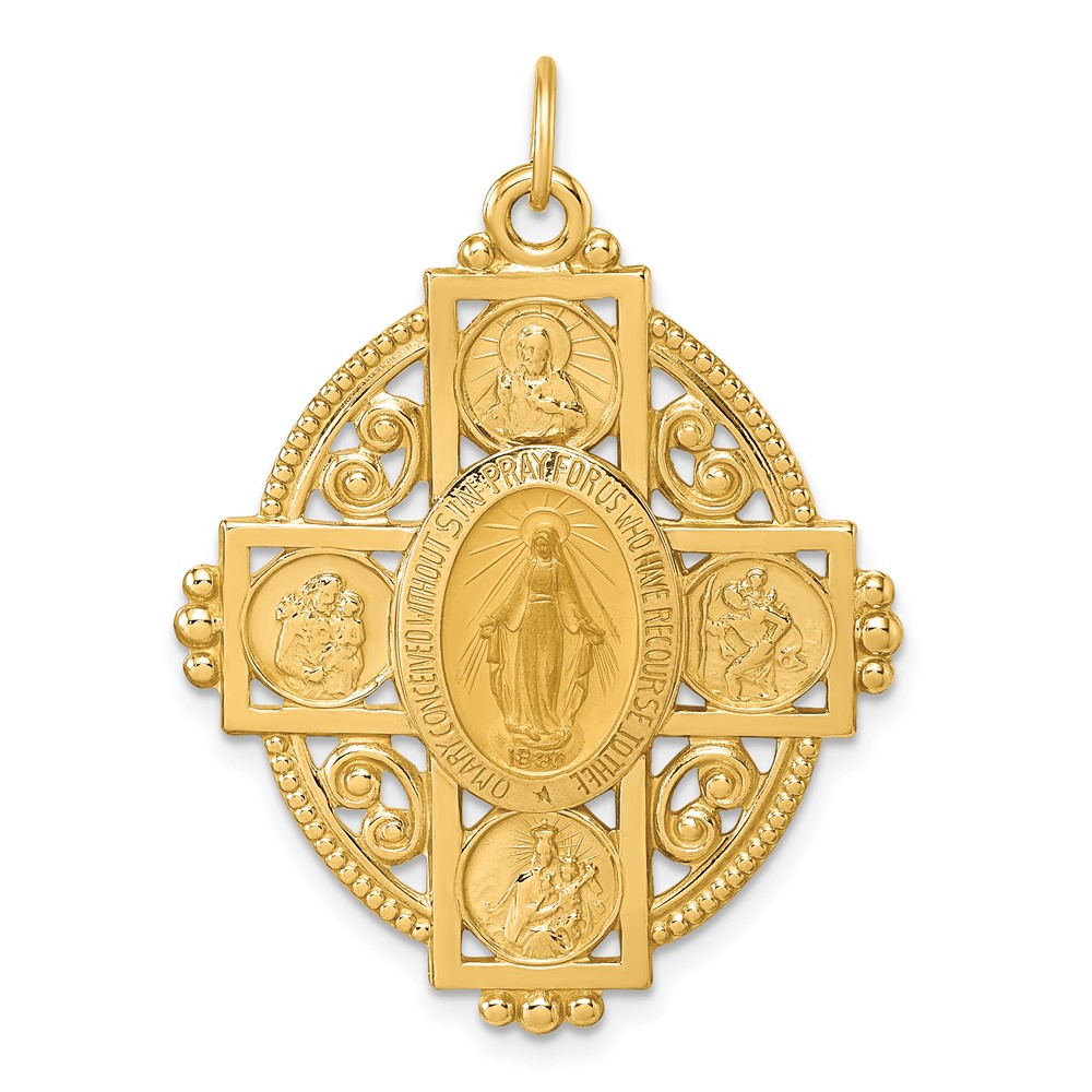 XR2187.jpg 14k Polished Miraculous Medal and Four-way Cross in Filigree Oval Pendant - Image 1