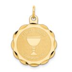14k Polished and Satin Solid FIRST HOLY COMMUNION Scalloped Edge Round Disc Pendant