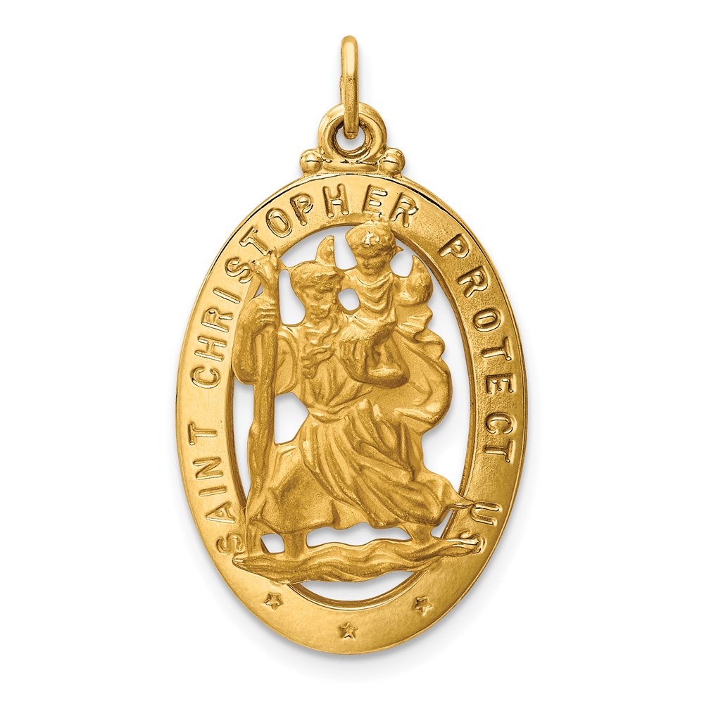 XR384.jpg 14k Polished and Satin Solid Cut-out Saint Christopher Medal Oval Pendant - Image 1