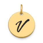 14k Polished Black Enamel Letter V Initial Disk Charm