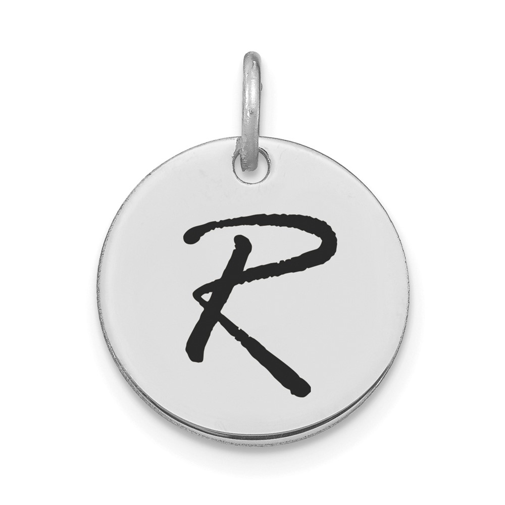 YC1436WR.jpg 14kw Polished Black Enamel Letter R Initial Disk Charm - Image 1