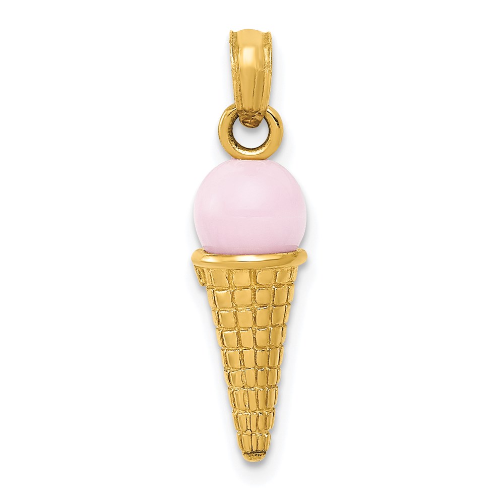 YC257.jpg 14K Satin Polished 3-D Pink Quartz Bead Ice Cream Cone Charm - Image 1
